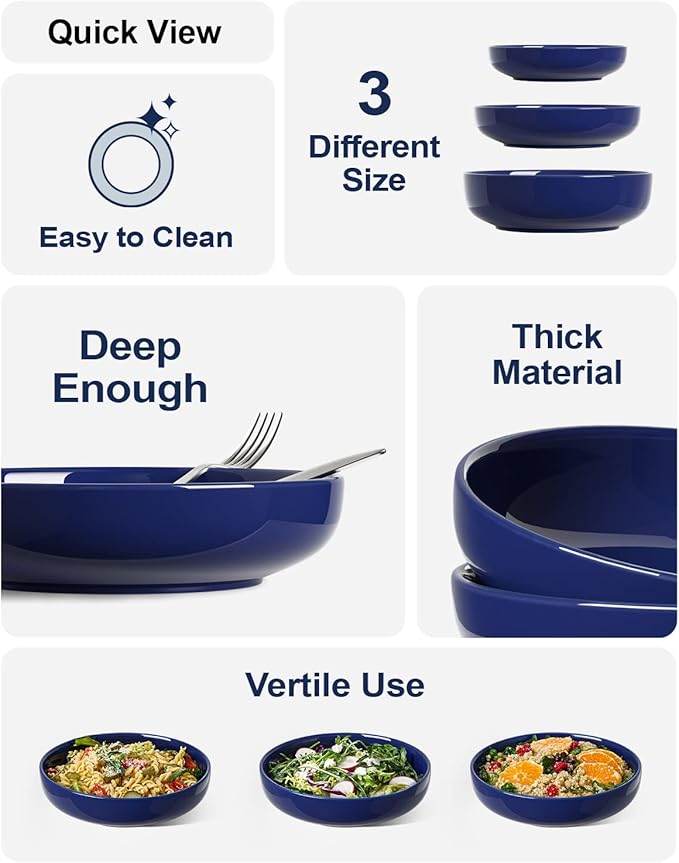 LE TAUCI Pasta Bowls 45 oz, Salad Bowls Set for Serving Soup, Pasta, Noodle, Dinner, Large Kitchen Bowl Plates, Microwave Safe - 8.5 Inch, Set of 4, Blue