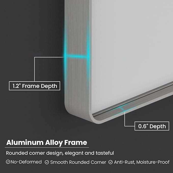 Brushed Nickel Bathroom Mirror 60x28 Inch, Brushed Silver Metal Frame Mirror Wall Mounted, Rounded Rectangle Bathroom Vanity Mirror, Tempered Glass, Anti-Rust, Horizontal/Vertical