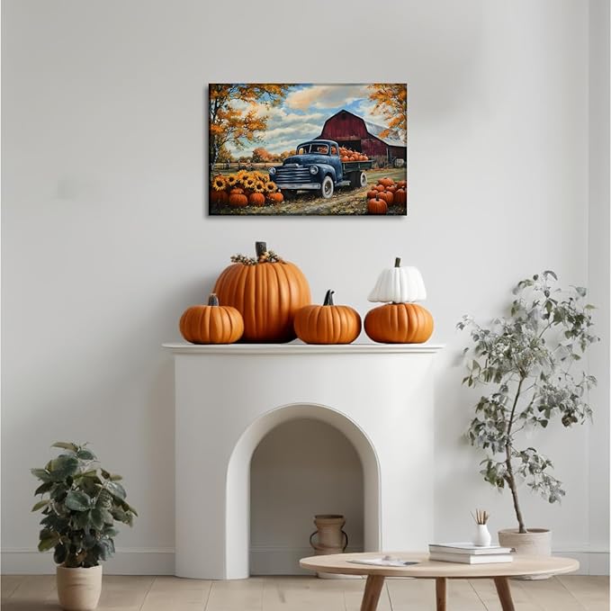 Autumn Wall Art Pumpkin Canvas Wall Decor Rustic Farmhouse Blue Truck Picture Fall Harvest Painting Vintage Artwork for Dining Room Living Room Bedroom Home Halloween Decor(Art-2,16.00"x24.00")