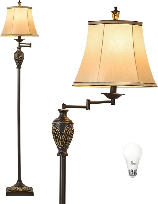 Traditional LED Floor Lamp with 350° Adjustable Swing Arm Lamp – Vintage Standing Pole lamp for Living Room, Bedroom and Office – Rustic Upright Floor Light for Home Décor with Silk Fabric Shade