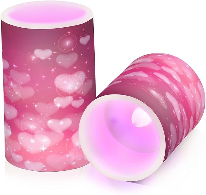 ALAZA Hearts Pink Background Flickering Flameless Candles Battery Operated with Remote Timer,Tea Light Candles LED Pillar Votive Candles Set of 2 for Outdoor Indoor Decorations