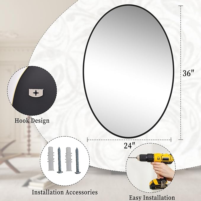 24"x36" Oval Bathroom Mirror with Black Metal Frame - Oval Wall Mirror Hanging or Leaning Vertical or Horizontal for Bedroom, Living Room, Entryway
