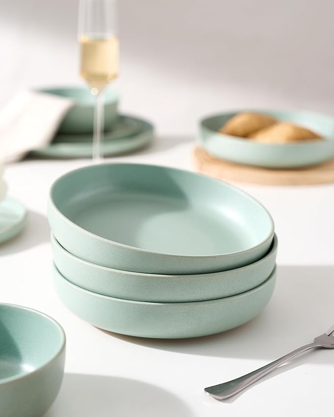 famiware Milkyway Pasta Bowls Set of 4, 8.5" Large Salad Bowls, Double Reactive Glaze, Sturdy & Stackable, Ideal for Housewarming, Festivals, Light Green