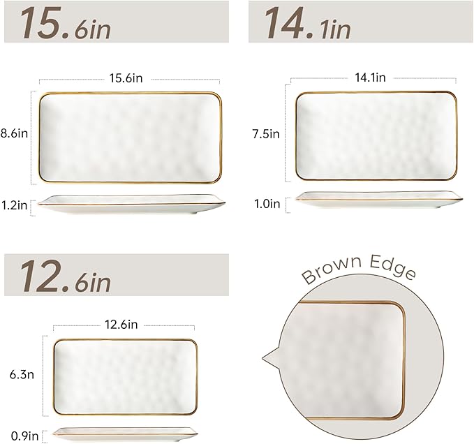 Ceramic Rectangle Serving Platter with Brown Rim: 15.6/14.1/12.6 Inch Large Serving Dishes for Entertaining Party, Turkey, Cheese, Sushi, Snack and Dessert, Microwave Dishwasher Safe