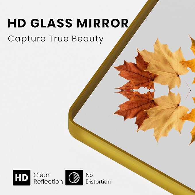 Gold Bathroom Mirror, 48x30 Inch Brushed Gold Metal Frame Mirror for Wall, Rounded Rectangle Bathroom Vanity Mirror, Tempered Glass, Anti-Rust, Horizontal/Vertical