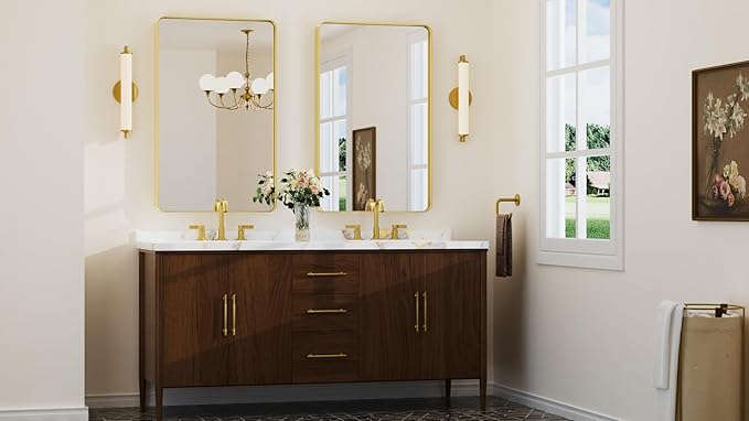 Keonjinn Gold Bathroom Mirrors for Over Sink, 40” x 24” Rounded Rectangle Brushed Gold Vanity Mirror, Anti-Rust Brass Mirror with HD Tempered Glass, Decorative Farmhouse Mirrors, Horizontal/Vertical