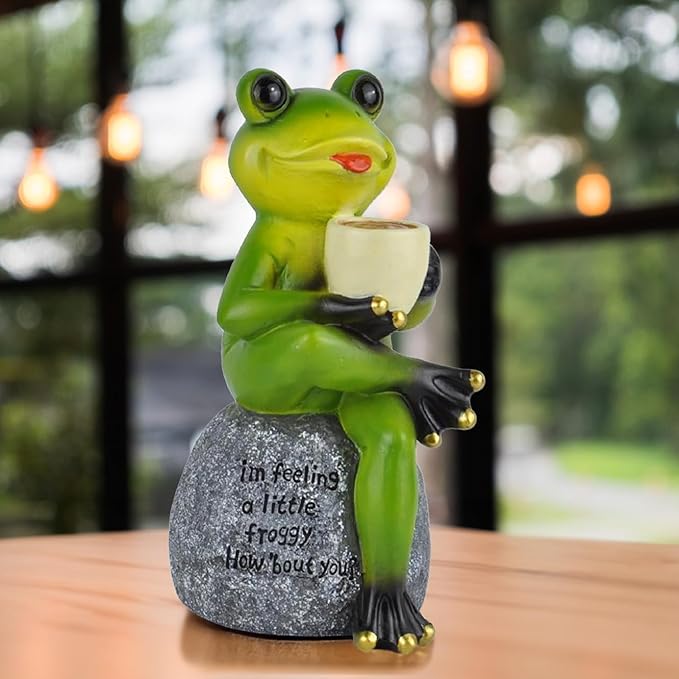 Spring & Summer-Themed Garden Statues – Adorable Outdoor Decor for Lawn, Patio & Porch (Coffee Drinking Frog Garden Statue with Funny Quote)