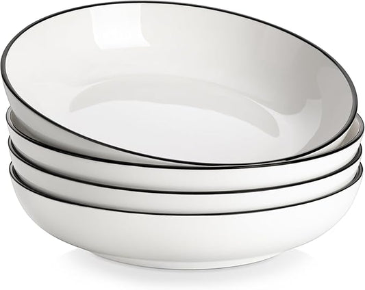 MALACASA 10" Large Pasta Bowls, 56 OZ White Salad Bowls Soup Bowls, Porcelain Serving Bowls Set of 4, Ivory White & Black Rim, Microwave & Dishwasher Safe, Series REGULAR