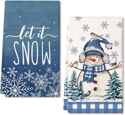Snowman Winter Kitchen Towels Set of 2,Blue Christmas Tree Bird Snowflake Let It Snow Dish Hand Towels Holiday Home Indoor Bathroom Party Seasonal Decorations DD049