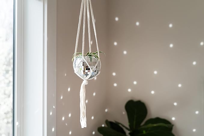 Hanging Disco Ball Planter 8" - with Acrylic Stand and Macrame Plant Hanger - Home Décor, Room Décor, Patio or Boho Décor, Mirror Disco Planter, Disco Decor (4" Mini with Base)