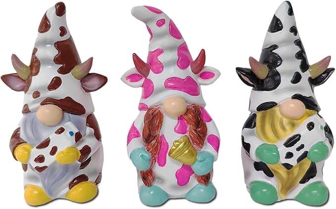 Spring & Summer-Themed Garden Statues – Adorable Outdoor Decor for Lawn, Patio & Porch (Cow Gnome Trio Mini Statue Set of Three, 5" Miniature Figurine and Unique Farm Resin Garden Statue)