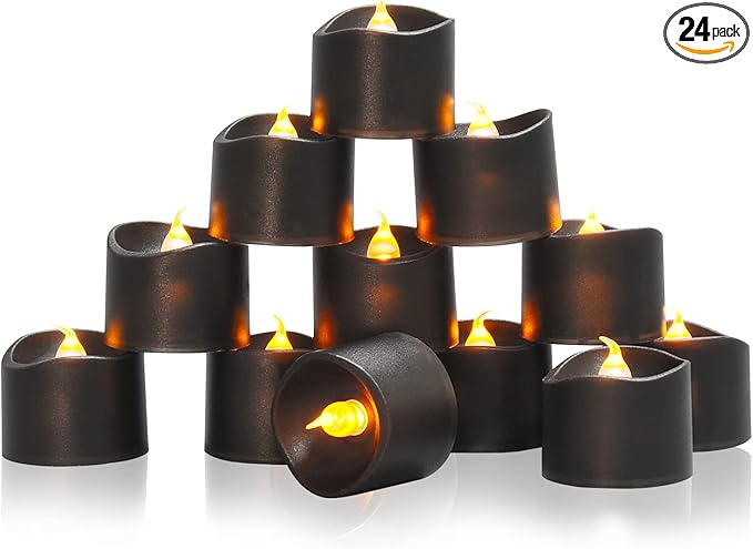 JOSU Flameless Candles Halloween Decorations, 24PCS Tea Lights Candles Battery Operated, Realistic Votive Tealights with Warm Light for Christmas Decors Outdoor(Black)