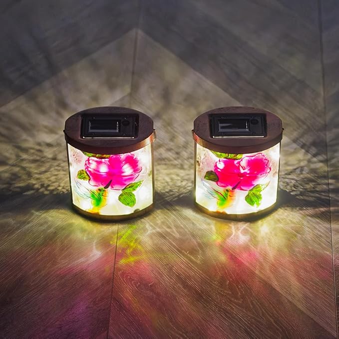 2 Pack Hummingbird Hanging Solar Lanterns Outdoor Waterproof LED Light Tabletop Glass Solar Lantern for Garden Patio