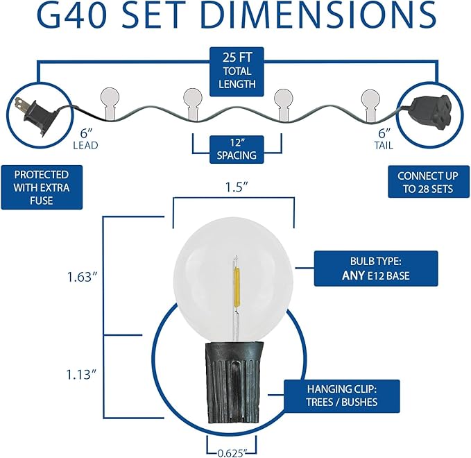 Novelty Lights 25 Feet G40 LED Patio String Lights with 25 Bulbs, Warm White, Weather Resistant and Shatterproof Replaceable Plastic Globe Bulbs, Black Wire