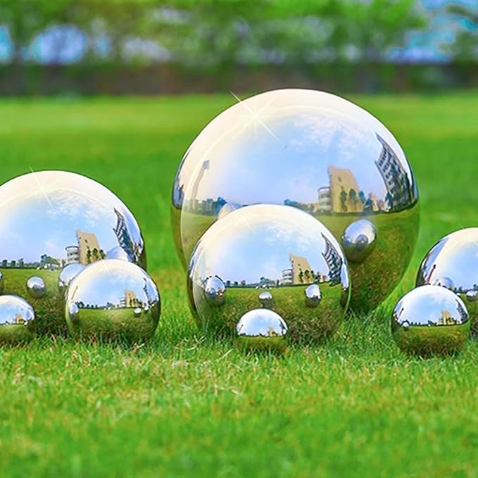 Nerien Gazing Ball, Stainless Steel Garden Mirror Globe, Polished Ornament Sphere, Hollow Floating Reflective Hemisphere, for Home Outdoor Pond Housewarming Swimming Pool Decoration, Silver, 10Pcs