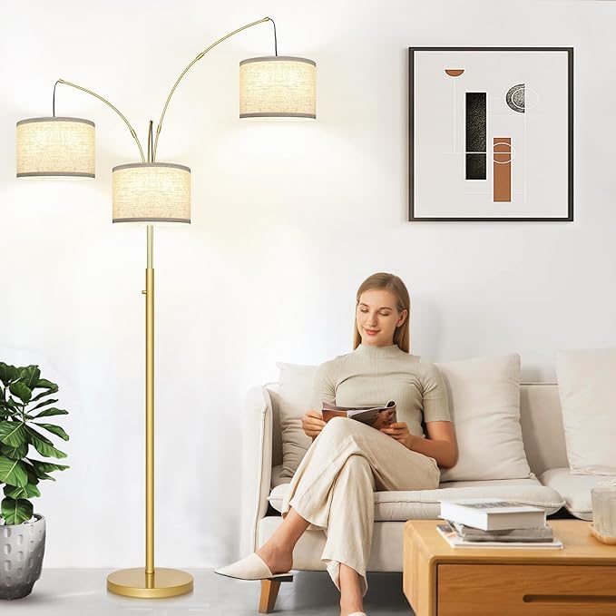 Nintiue Dimmable Floor Lamp - 3 Lights Gold Arc Floor Lamps for Living Room, 1000LM Modern Tall Standing Lamp with White Shades, Mid Century Tree Floor Lamp for Bedroom Office, 3 LED Bulbs Included