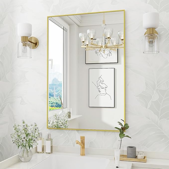 Koonmi Gold Mirrors for Wall, 30x36 Inch Bathroom Mirror, Rectangular Wall Mirror for Living Room Bedroom Bathroom, Hangs Horizontally or Vertically