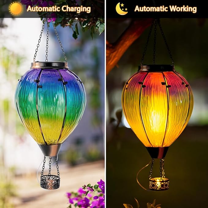 DREAMSOUL Large Hot Air Balloon Solar Lantern with Candle Holder, Hanging Solar Hot Air Balloon Lantern with Flame for Garden Yard Tree Decor