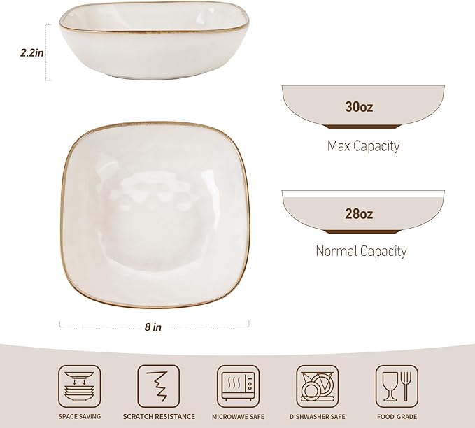 famiware Large Pasta Bowls Set of 4, Ocean Square 8" Bowls, Pasta Serving Bowl Large Dinner Bowls, Kitchen Bowl Set, Microwave and Dishwasher Safe, Scratch Resistant, Cappuccino White