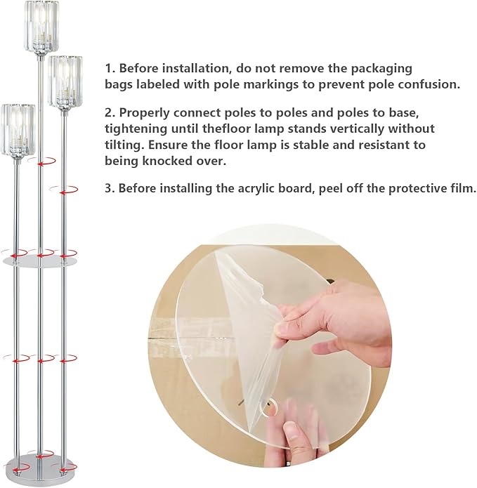 HMVPL Crystal Floor Lamps for Living Room, Modern Floor Lamp with Shelves, 3-Lights Standing Lamp with Crystal Shade, On/Off Foot Switch, Silver Corner Floor Lamp for Bedroom Living Room Office(66")