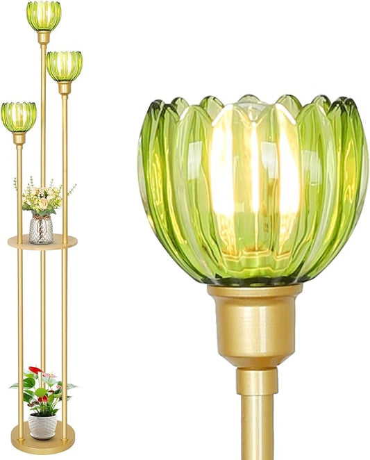 HMVPL MVPL Crystal Floor Lamp with Shelves,Floor Lamps for Living Room (Gold-Green Flower Shade, Glass)