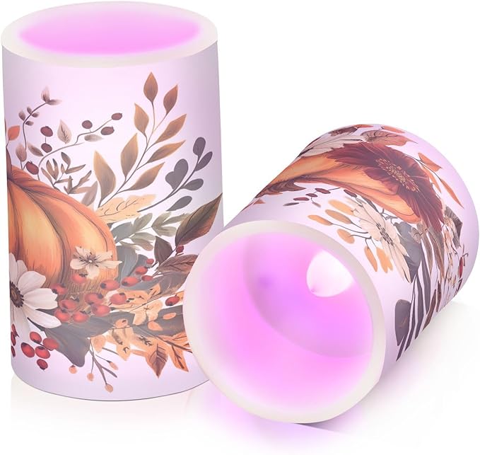 ALAZA Thanksgiving Pumpkin Fall Autumn Flickering Flameless Candles Battery Operated with Remote Timer,Tea Light Candles LED Pillar Votive Candles Set of 2 for Outdoor Indoor Decorations