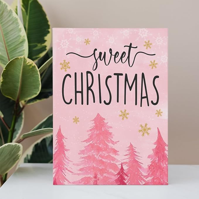 BIWSHA Pink Christmas Wall Art Prints,Retro Vintage Christmas Xmas Tree Wall Decor,Christmas Winter Holiday Wall Art Prints for Living Room Bedroom Kitchen Decor 11x14 Inch