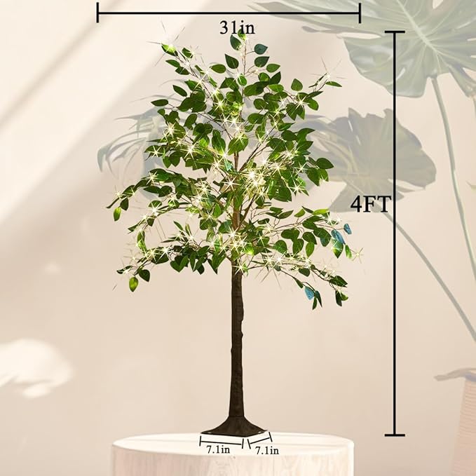 Hairui Artificial Ficus Silk Tree Lights 4FT 140LED Fairy Lights, Faux Plant Tree with Lights for Home Room Spring Summer Decoration Inside