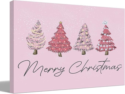 BIWSHA Pink Christmas Wall Art, Merry Christmas Trees Canvas Prints, 11x14 - Home Decoration for Bathroom, Living Room, Bedroom