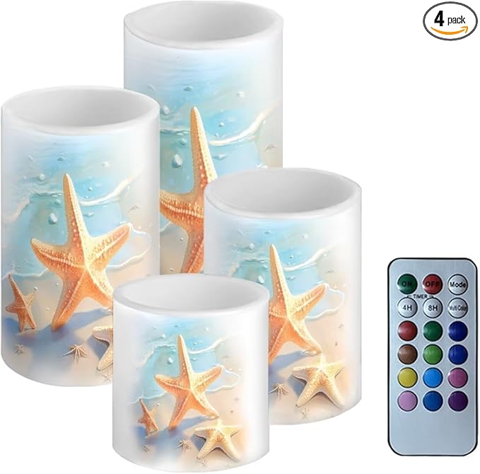 Flameless Candles Battery Powered LED Pillar Candle Tealights with Remote Timer Color Changing Control for Indoor Outdoor Coastal Home Decor Set of 4, Beach Starfish Blue