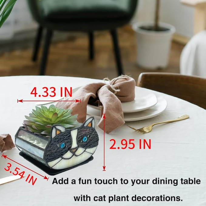 Cactus Black Cat Planter, Cute Small Stained Glass Cat Planter，Cat Terrarium Planter for Tabletop Houseplants，Gifts for Cat Lovers 4.33x3.54x2.95 in (Flower Pot Does not Include Plants)