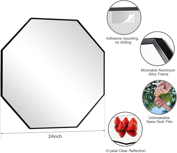 31" Wall Mounted Octagon Mirror, Bathroom Mirrors for Over Sink, Glassless Adhesive Decorative Mirror for Bathroom Entryway Vanity Living Room Dining Room Bedroom, Black