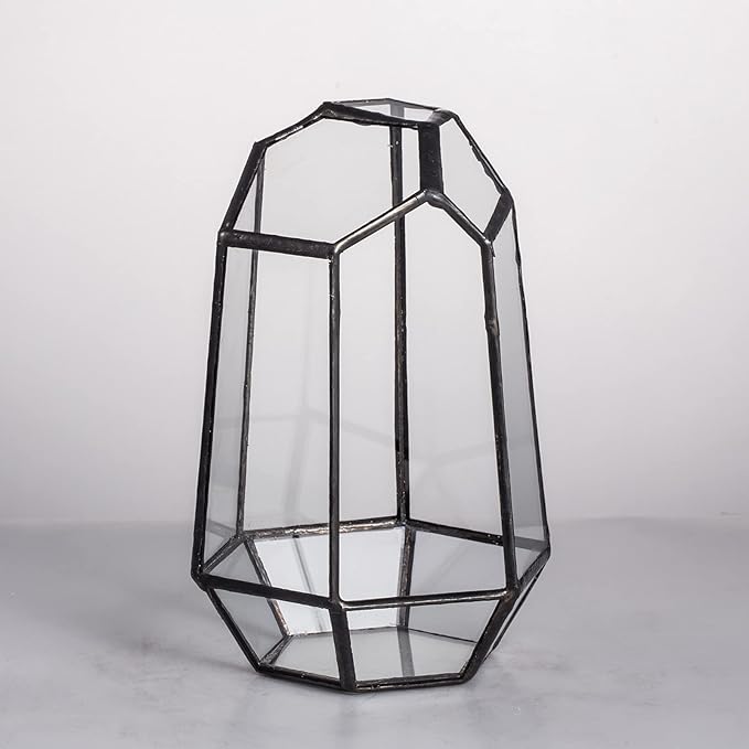 NCYP Small Geometric Terrarium - 4.1" x 3.5" x 5.9" Miniature Irregular Glass Terrarium Planter for Succulent Air Plants - Tabletop Garden Display Container, Black (No Plants, No Door)