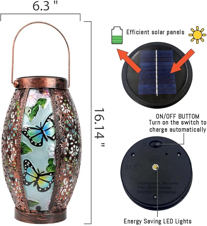 Butterfly Solar Lanterns Glass & Metal Hanging Lantern Outdoor Waterproof 16" H Tabletop Light with Hollowed-Out Design for Garden Patio Table Decor Mother's Day Gift