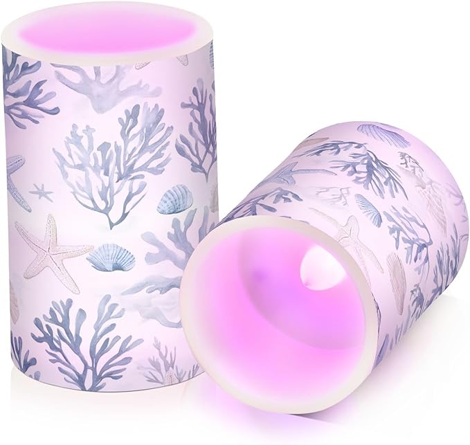 ALAZA Coastal Sea Star Coral Nautical Flickering Flameless Candles Battery Operated with Remote Timer,Tea Light Candles LED Pillar Votive Candles Set of 2 for Outdoor Indoor Decorations