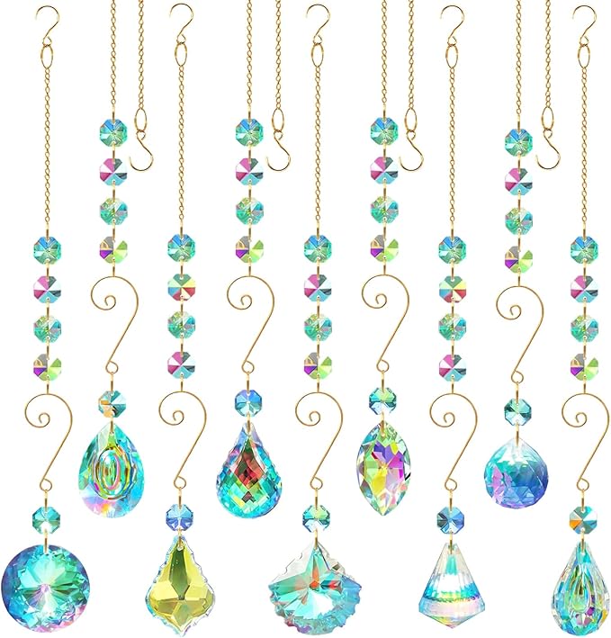 9 Pieces Sun Catchers Indoor Window Crystals Suncatchers for Windows Hanging Ornaments with Chain Colorful Prisms Rainbows Makers Pendants for Home Outdoor Garden Decoration