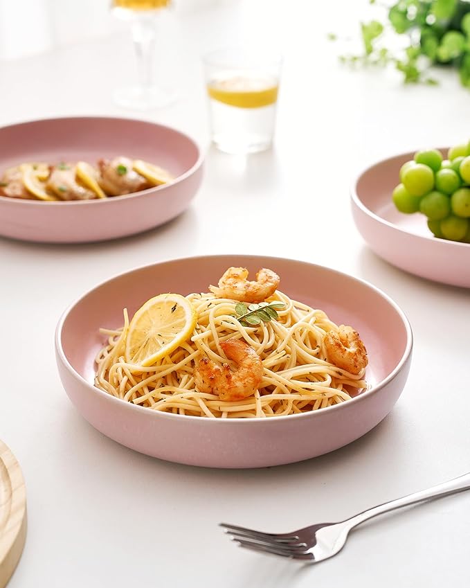 famiware Milkyway Pasta Bowls Set of 4, 8.5" Large Salad Bowls, Double Reactive Glaze, Sturdy & Stackable, Ideal for Housewarming, Festivals, Light Pink