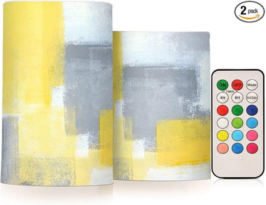 ALAZA Grey and Yellow Abstract Art Painting Flickering Flameless Candles Battery Operated with Remote Timer,Tea Light Candles LED Pillar Votive Candles Set of 2 for Outdoor Indoor Decorations