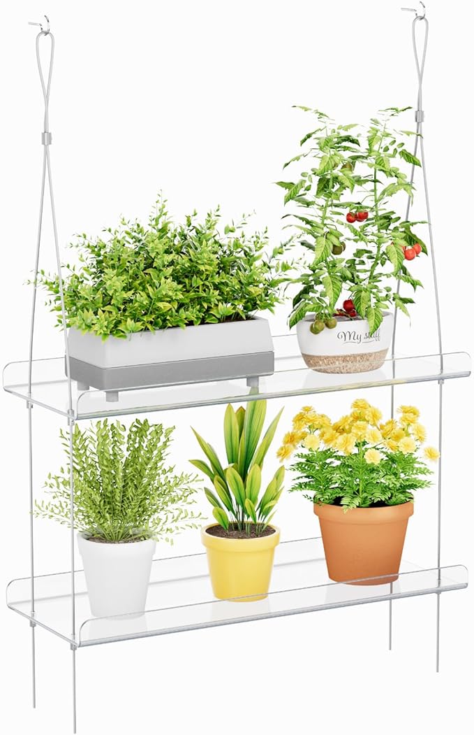 Lifewit 2-Tier Window Plant Shelves 15 inch, Acrylic Adjustable Hanging Floating Shelf, Window Sill Extender for Indoor Succulent Plants, Micro Greens, Seed Starter Pots, Herb Planters