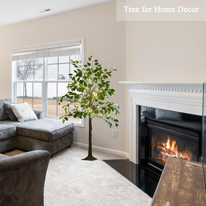 Hairui Artificial Ficus Silk Tree Lights 4FT 140LED Fairy Lights, Faux Plant Tree with Lights for Home Room Spring Summer Decoration Inside