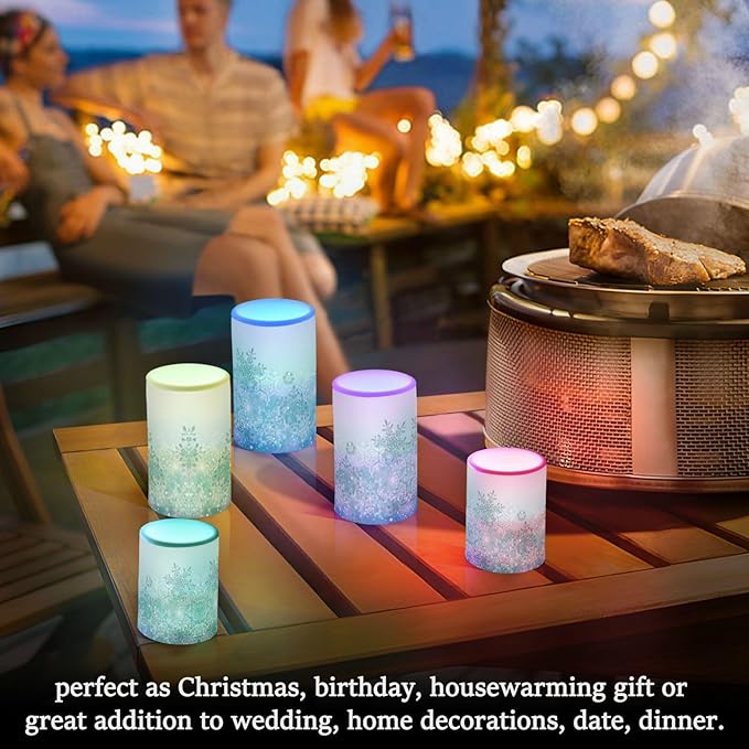 Silver Winter Teal Turquoise Snowflakes Christmas Flickering Flameless Candles Battery Operated with Remote Timer,Tea Light Candles LED Pillar Votive Candles set of 2 for Outdoor Indoor Decorations