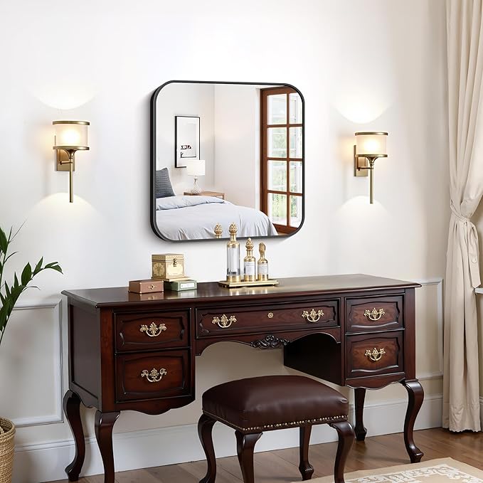 FORBATH Bathroom Mirror for Over Sink 24x24 Inch Black, Square Wall Mirror with Metal Frame, Rounded Corners for Bathroom, Bedroom, Entryway Décor