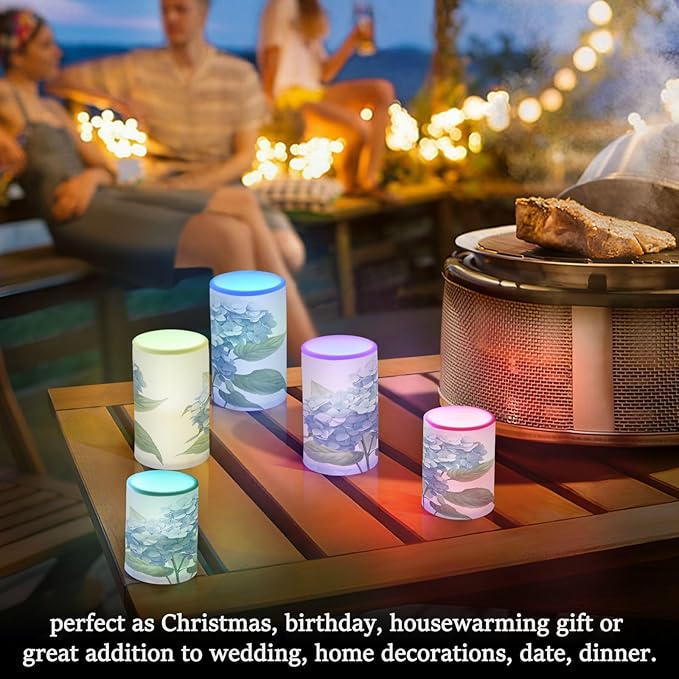ALAZA Blue Hydrangea Flowers Flickering Flameless Candles Battery Operated with Remote Timer,Tea Light Candles LED Pillar Votive Candles Set of 2 for Outdoor Indoor Decorations