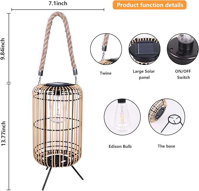 Solar Lantern Outdoor Waterproof, Large Solar Rattan Lantern Outdoor Hanging with Handle, Bright Solar Outdoor Lights with Edison Bulb for Garden Patio Yard Tabletop Decoration