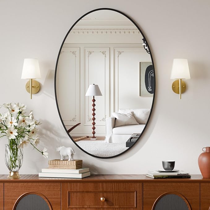 24"x36" Oval Bathroom Mirror with Black Metal Frame - Oval Wall Mirror Hanging or Leaning Vertical or Horizontal for Bedroom, Living Room, Entryway