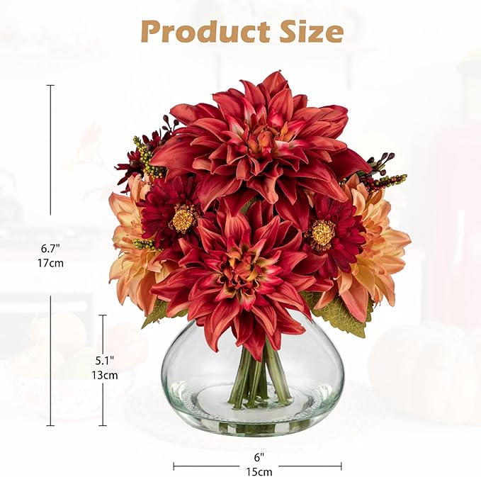 Briful Faux Fall Flowers in Vase, Artificial Dahlia & Mum Silk Floral Arrangement with Clear Glass Vase Fake Autumn Flowers Bouquet for Home Office Dining Room Table Centerpiece Decoration