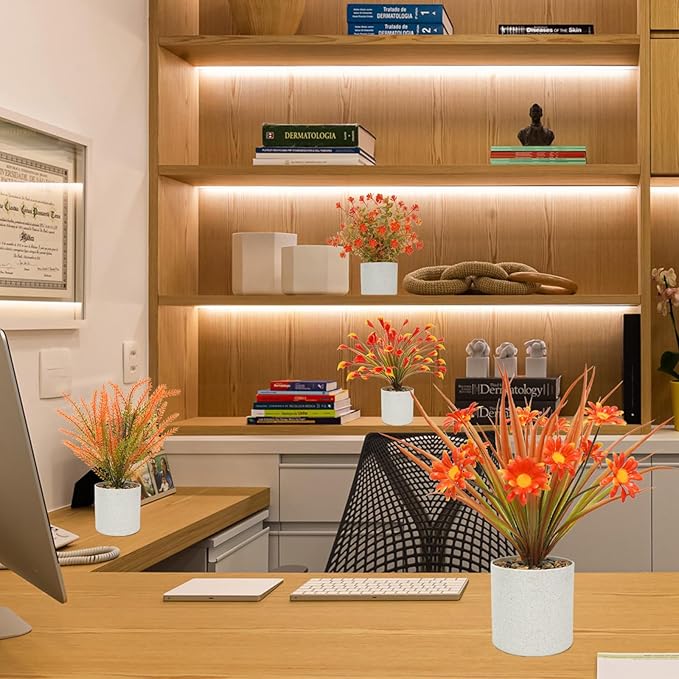 4 Pcs Small Potted Artificial Plants 10inch Fake Fall Plants in Pots Mini Faux Fall Flowers with Pots for Indoor Home Bathroom Bedroom Office Shelf Tabletop Fall Decor