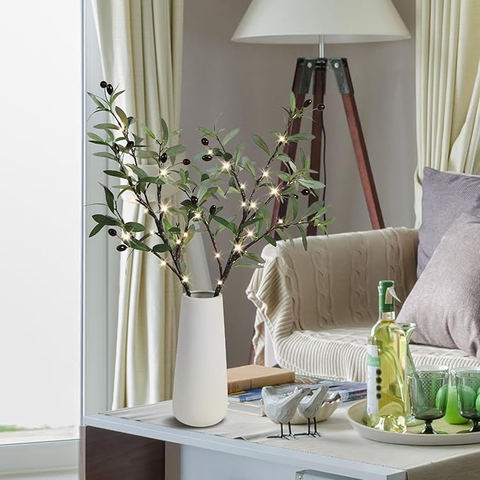 Lighted Olive Branches for Vases, 32 Inch Olive Branches with 32 LED Lights, Battery Powered Artificial Branch, Prelit Tree Branch for Home Wedding Indoor Outdoor Spring Decorations, Timer