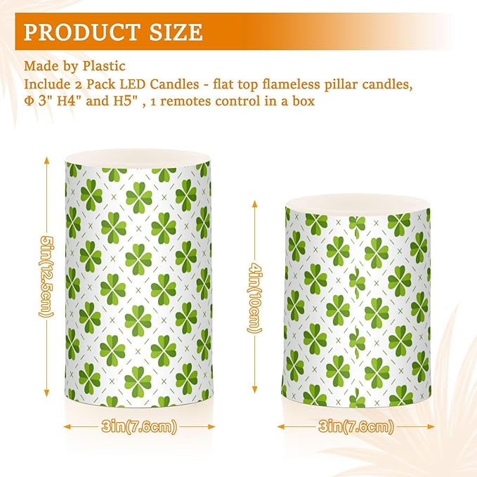 ALAZA St Patricks Day Clover Leaves Shamrocks Flickering Flameless Candles Battery Operated with Remote Timer,Tea Light Candles LED Pillar Votive Candles Set of 2 for Outdoor Indoor Decorations