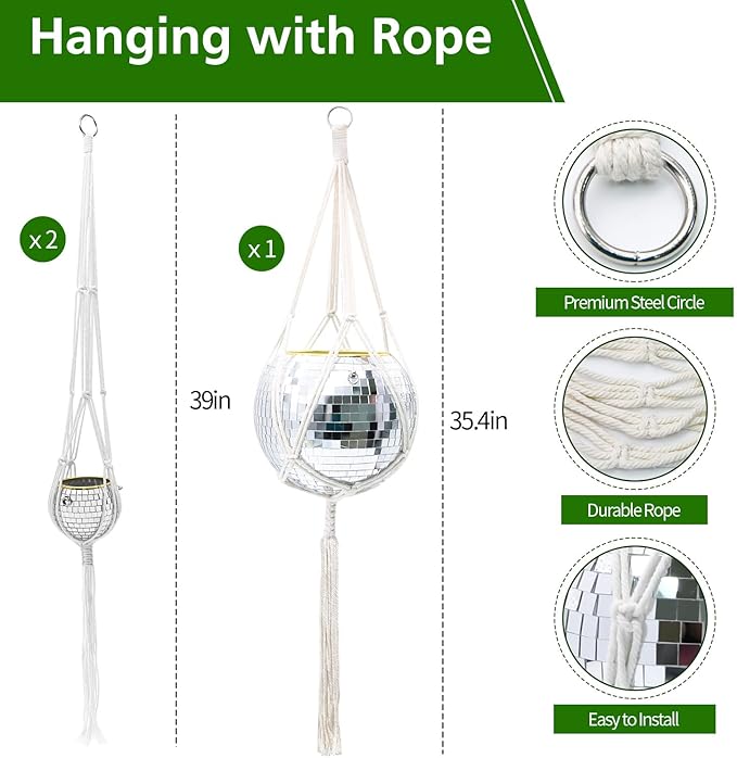 Disco Ball Planter, 8"+2×4" Planter, Silver Planter, Disco Ball Plant Hanger with Hanging Rope, Hanging Chain, Hook, Circle and Extra Mirror Pieces (8"+2×4" Silver)